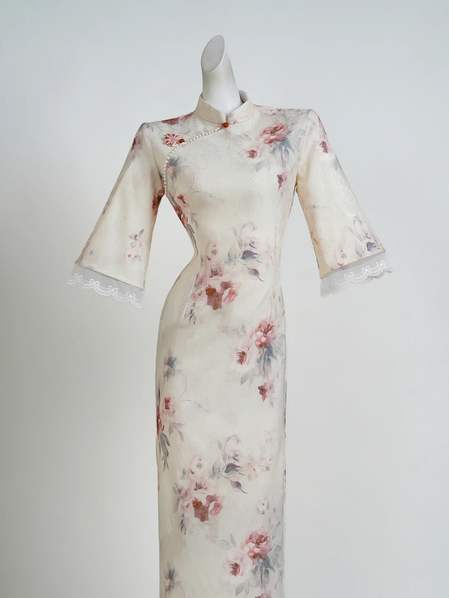 

Ele Vintage Chinese Women's Mid-Sve Dr Improved Beau Versatile Daily Wear Floral Patterned Mid-Length