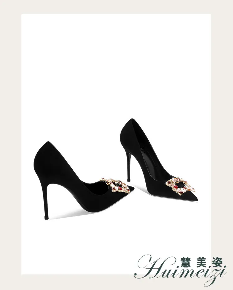 HMZ 2027 Removable Color Square Buckle Single Shoes Women Wear Black Suede High Heels Pointed Ends