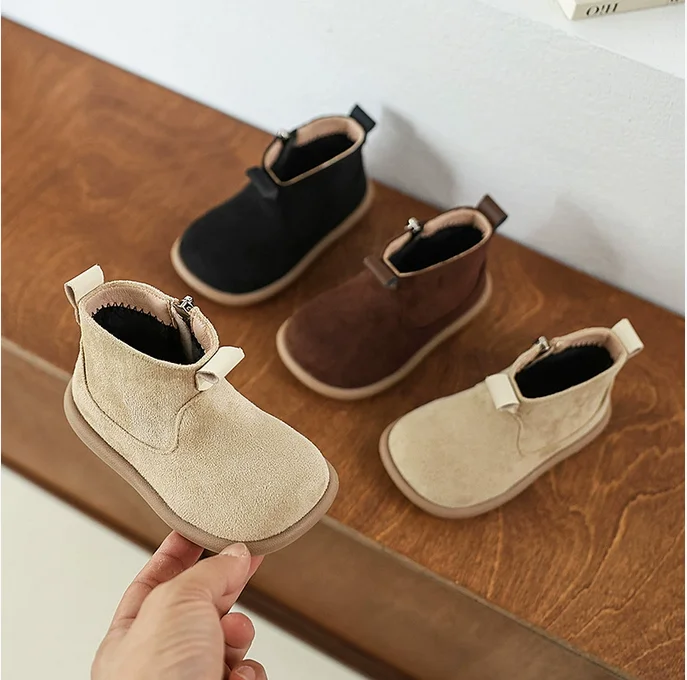 

Cotton Shoes for Kids Winter New Style Short Boots for Girls All Match Re Velvet Boy Solid Suede Leather Boots