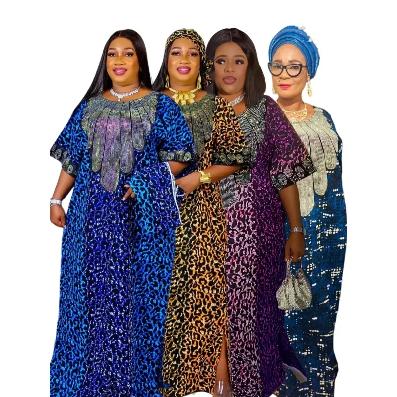 

Leopard Print Round Neck Decoration Half Sleeved Straight Tube Loose Shiny Long Skirt