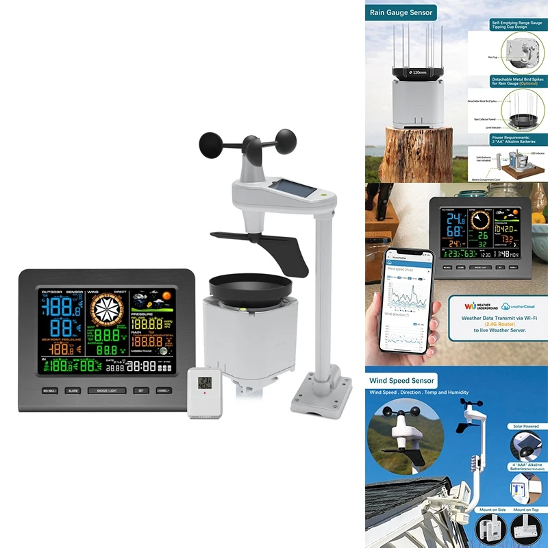 AC88-5-In-1 Wi-Fi Weather Station Display &Wind Speed And Direction Rainfall Weather Forecasts Temperature Humidity
