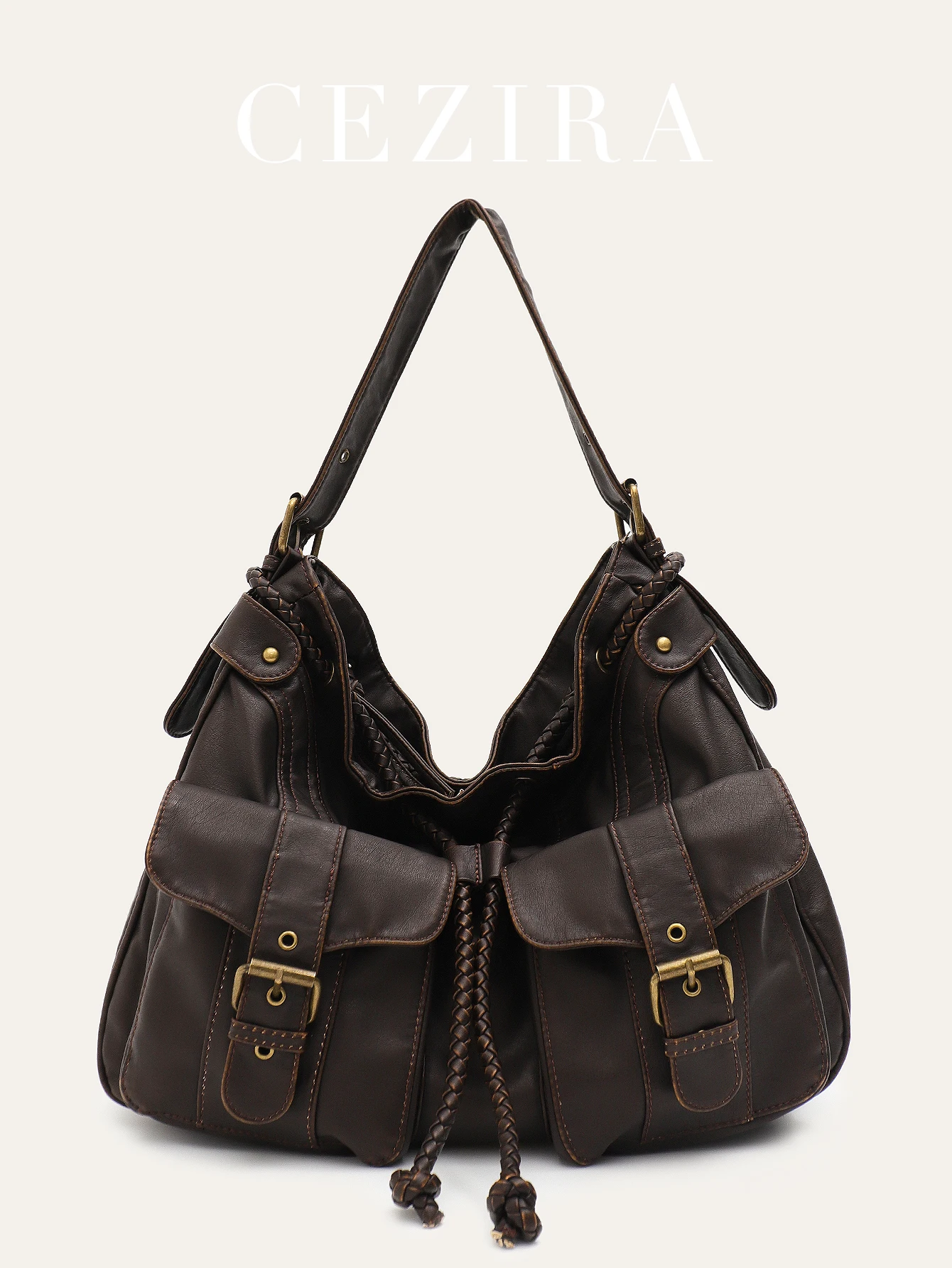 

CR Women's Vintage Soft Washed PU Leather Shoulder Bag Zipper Closure Braid Drawstring 2 Adjustable Straps Cross body Handbag
