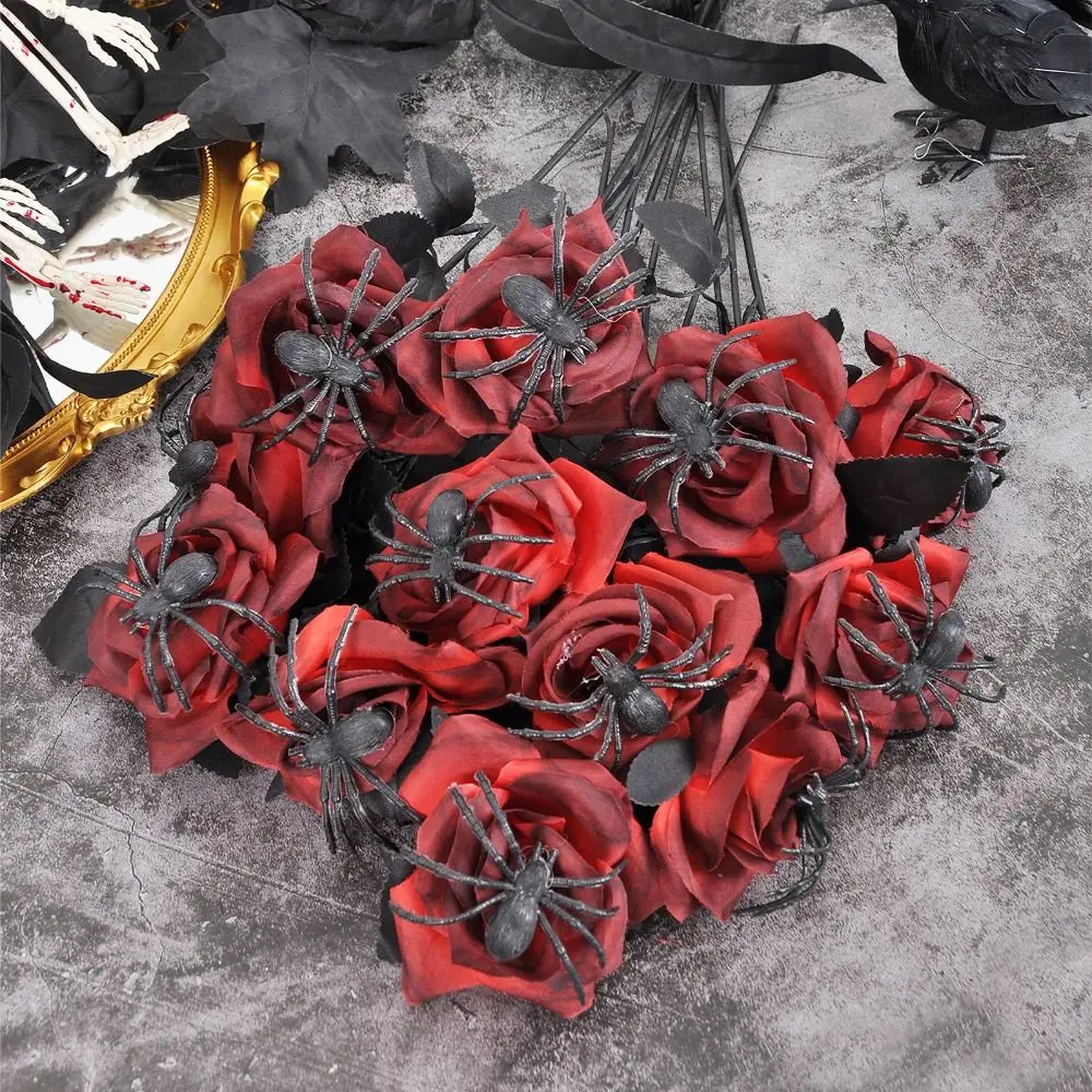 

38cm Halloween Artificial Rose Gothic Simulation Spider Rose Bouquet Handmade Realistic Fake Flower Halloween Party Props