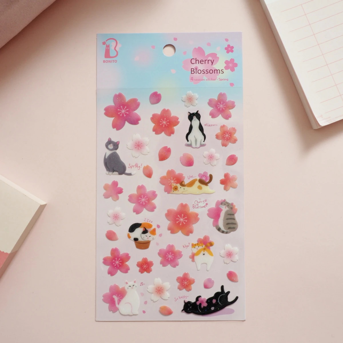 Korean Import Original BONITO Cute Cats Sakura Crystal Drop PVC Stickers Scrapbooking Diy Journal Diary Sticker Cute Decor Gift