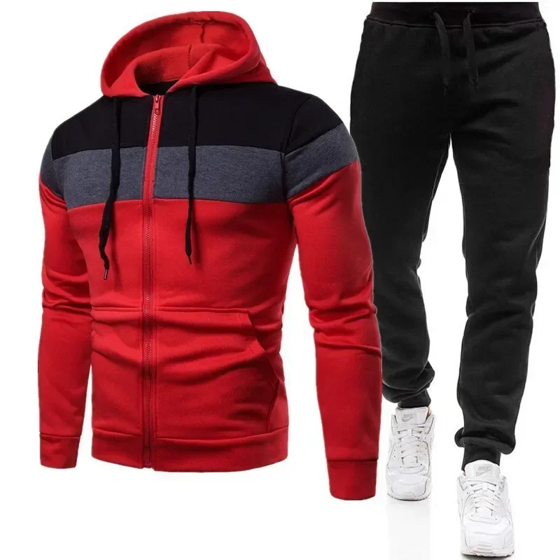 New Men Sets Long Sleeve Hooded Hoodies Patchwork Sweatshirt Zipper Outerwear Slim Fit Casual Sports Ankle Length Pencil Pants