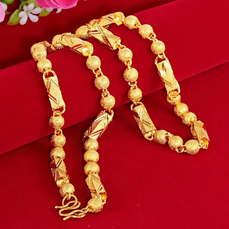 Viora Jewelry 999924K real gold cloth pattern hexagonal cylindrical necklace frosted cylindrical national trend necklace semi-so