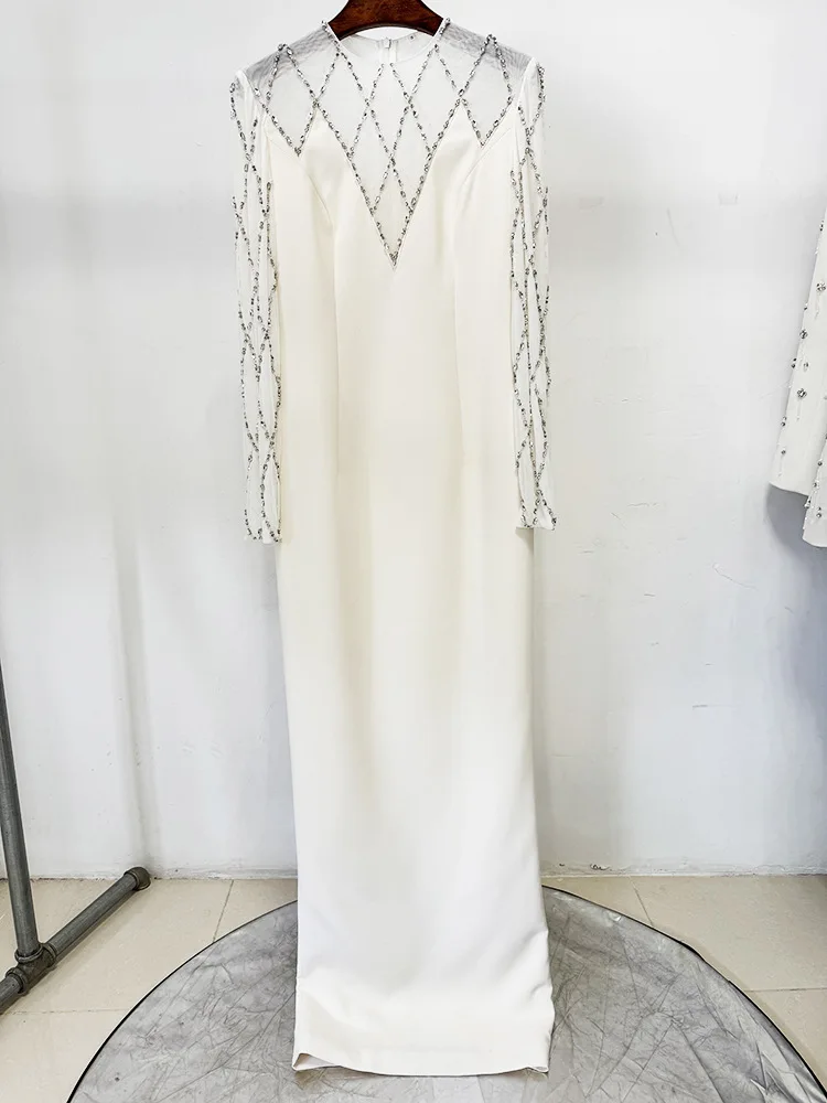 HIGH QUALITY Newest 2026 Designer Fashion Beige Elegant Beaded Mesh Long Sleeve Maxi Dress Formal Evening Party Gown for Women
