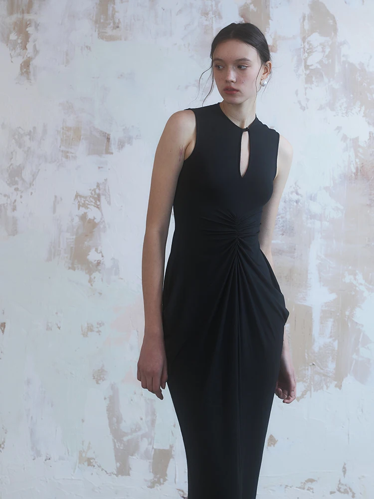 

EliAtelier Minimalist New Chinese Style Black Drawstring Draped Waist Cinching Dress Elegant Long Skirt High Waist Gown