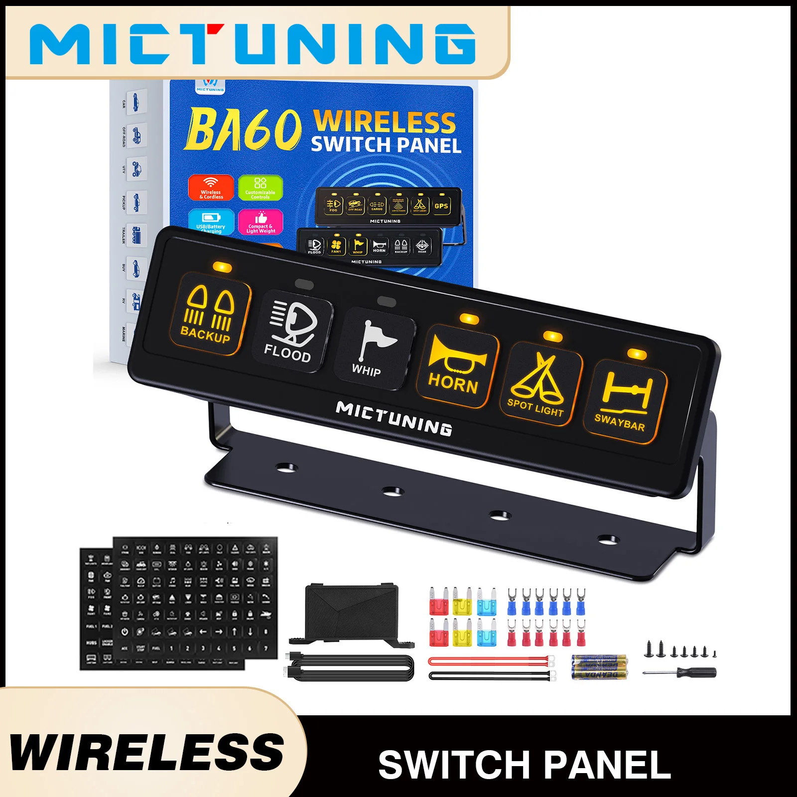 MICTUNING 4/6 Gang Wireless Switch Panel,12/24V Universal ON-OFF Relay Switch Box,4 Control Modes For Offroad SUV UTV Boat