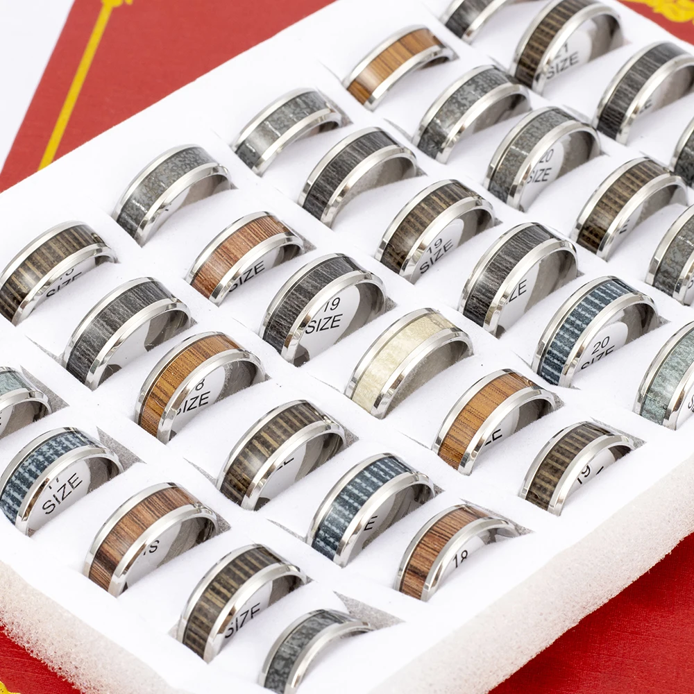 20 Pcs/Lot Wholesale Fashion Inlay Tree Timber Pattern Wood Stainless Steel Rings Jewelry For Women Men Party Gifts