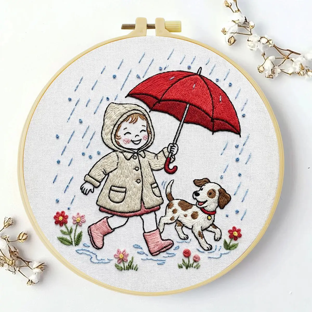 1 Stück 20X20CM/15X15CM 7,87/6,3 Zoll Das glückliche Mädchen im Regen Stickerei-Starter-Kit DIY-Kit DIY-Stickerei-Kit Handarbeiten – Detail 2