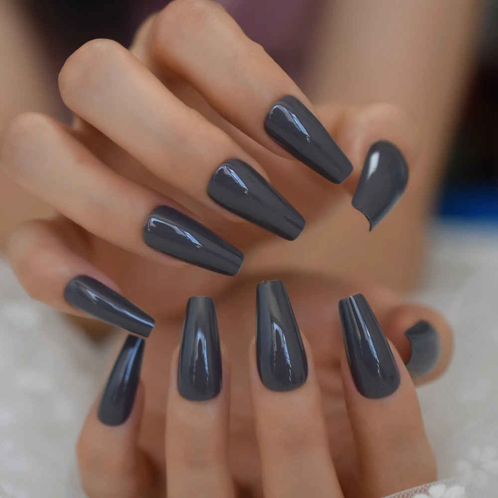 EchiQ Dark Grey Fake Nails Long Solid Color Thick Ballerina Press On Nails Reusable UV Manicure Tips