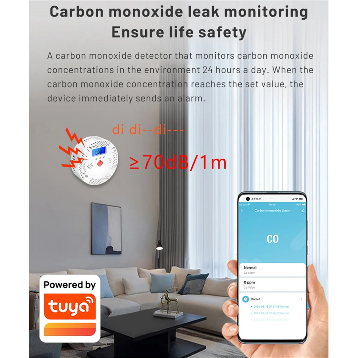 Tuya 와이파이 일산화탄소 감지기, LCD 디스플레이, 70DB 알람 사운드 CO 가스 센서, 홈 보안 보호, 스마트 라이프