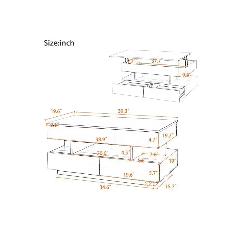 طاولة قهوة حديثة قابلة للرفع مع درجين طاولة متعددة الوظائف مقصورة مخفية لمسة نهائية عالية اللمعان لديكور غرفة المعيشة