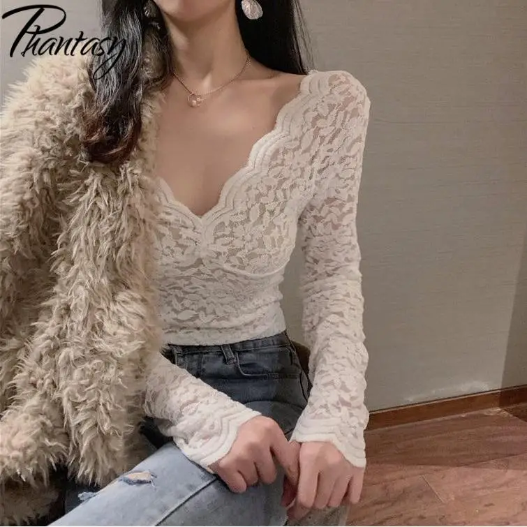 

French V-Neck Lace Women's Base Layer Top Spring Fall Winter Sexy Versatile Fleece-Lined Short-Sleeve Long-Sleeve Mesh Blouse