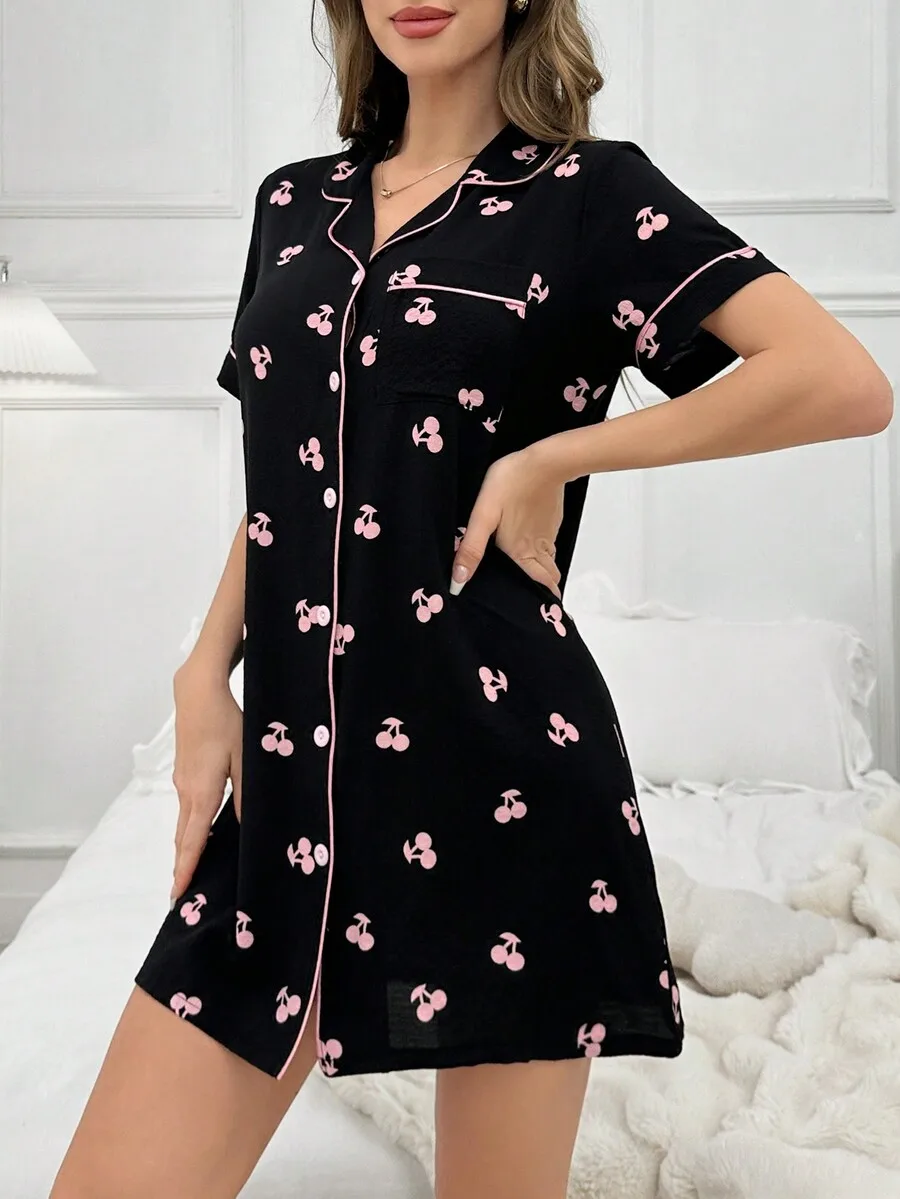 

Cherry Print Lapel Collar Button Front Womens Sleep Dress With Pink Edging