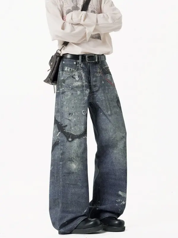 

TANGZ Studio American High Street Printed Loose Men's Jeans Trendy Straight Leg Long Trousers Spring Faion Casual Cotton
