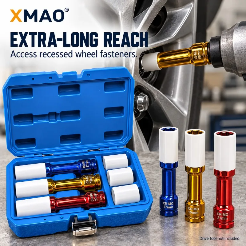 XMAO 17/19/21mm Wheel Lug Nut Impact Socket Set 1/2 Inch Drive CR-MO Extra Long Sockets with Protective Sleeves and Storage Case