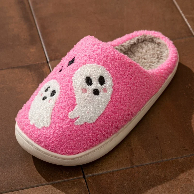 Halloween-Hausschuhe für Damen, Winter, Rosa, Niedliche Geister-Motiv, Indoor, Cartoon, Komfort, Weich, Casual, Flache Plüschschuhe als Geschenk – Detail 3