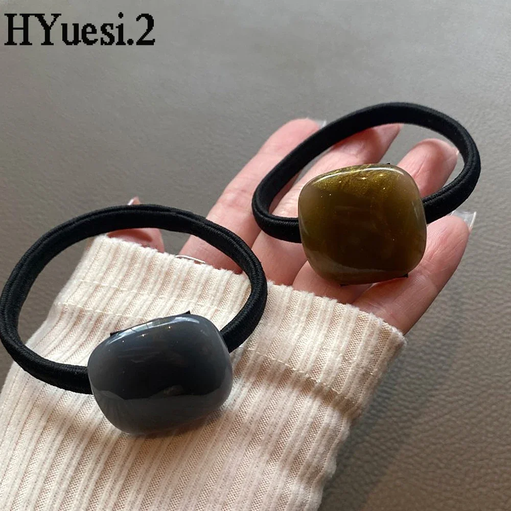 Classic Black Hair Ties With Gold Color Sand Stone Elastic Ponytail Rubber Band Simple Acrylic Square Shaped Charms Head Rope