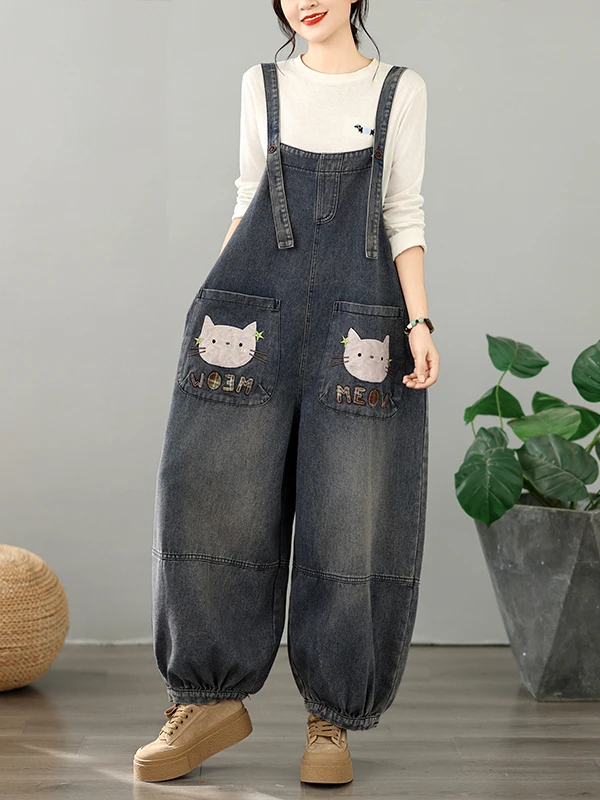 Fashionable Embroidered Denim Overalls Casual High Waist Straight Leg Blue Jeans Women's plus Size Loose Fit Autumn Spring