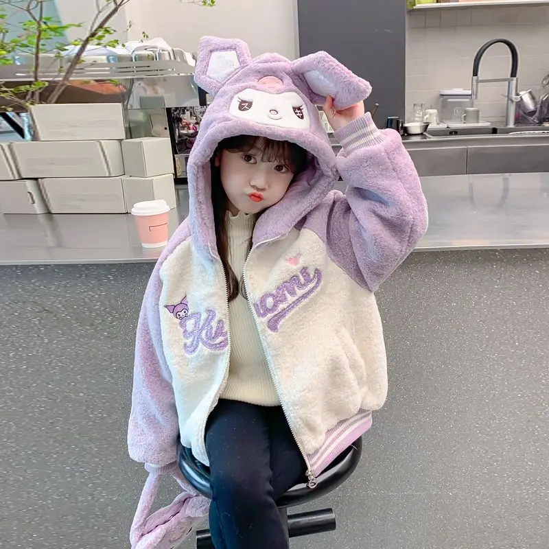 Chaqueta con capucha de Anime Sanrioed Kuromi para niños, abrigo peludo para niñas, abrigos de felpa gruesos y cálidos de terciopelo de cordero, ropa para niños de Otoño e Invierno