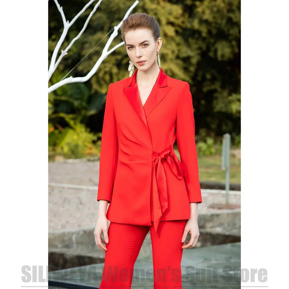 New Fashion Women Suit 2 Piece Slim Fit Satin Peak Lapel Tie Waist Tuxedo Blazer Pants For Office Business Casual Party Outfit