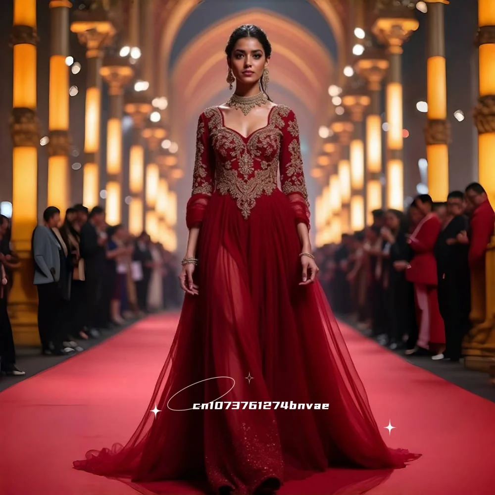 

Elegant Burgundy Evening Dresses Formal Gown Lace Appliques Long Sleeves A-Line Prom Dress For Women Customized