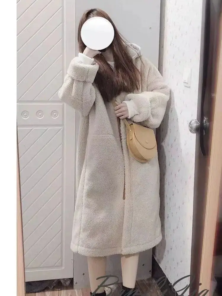 Winter New plus Size Women's Long Loose Outerwear Hooded Splicing Zipper Lamb Velvet Jacket Thickened Long Sleeve Coat