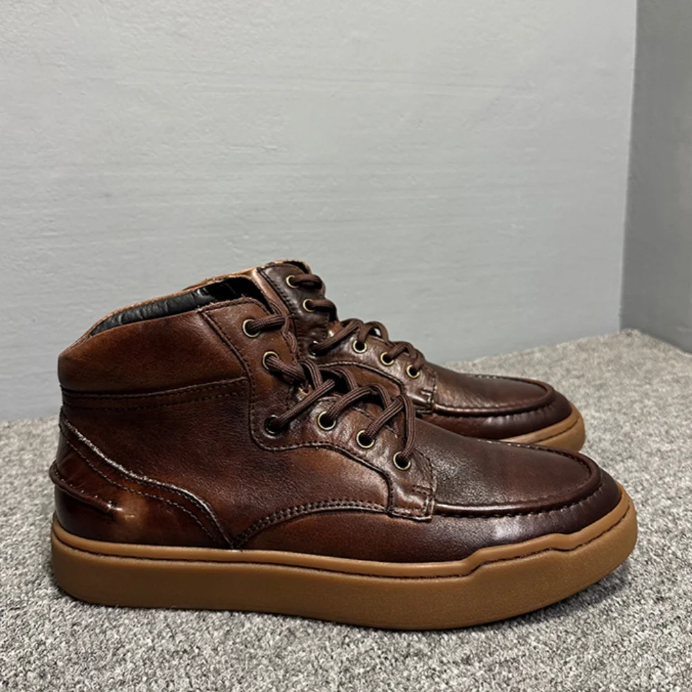 

Men's genuine leather high-top retro-style work boots with soft leather soles, autumn-winter collection