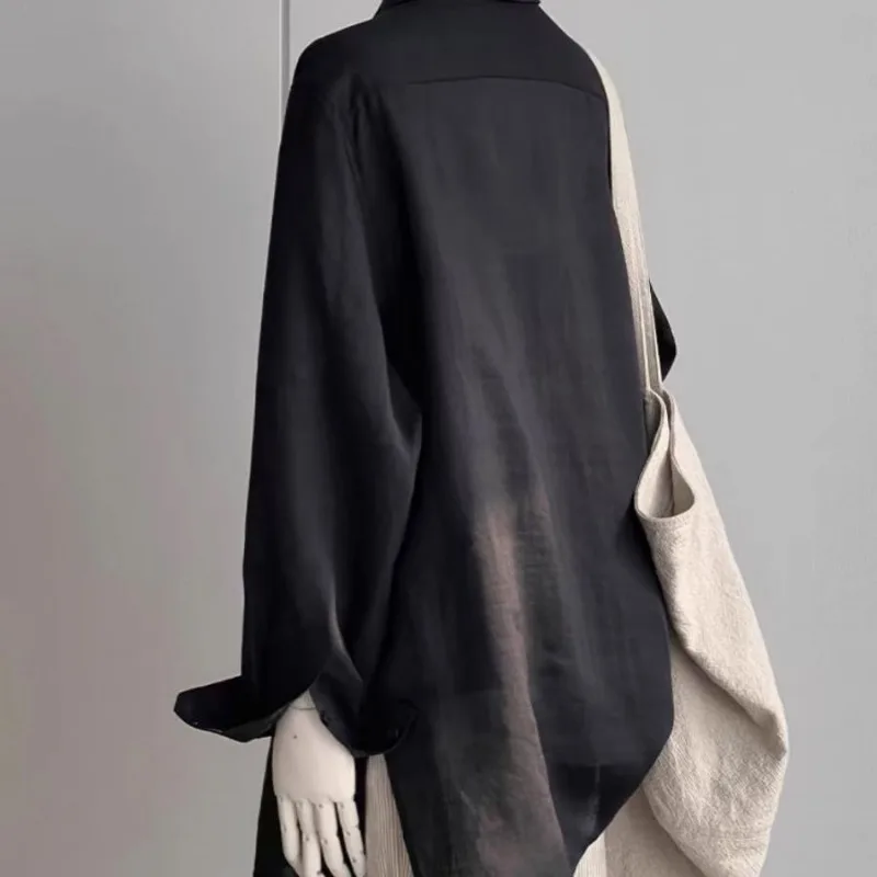 Black High-end Cotton and Linen Tops Women Spring Summer New Long Sleeved Shirt Korean  Fashion Lazy Loose Fitting Blouse Woman