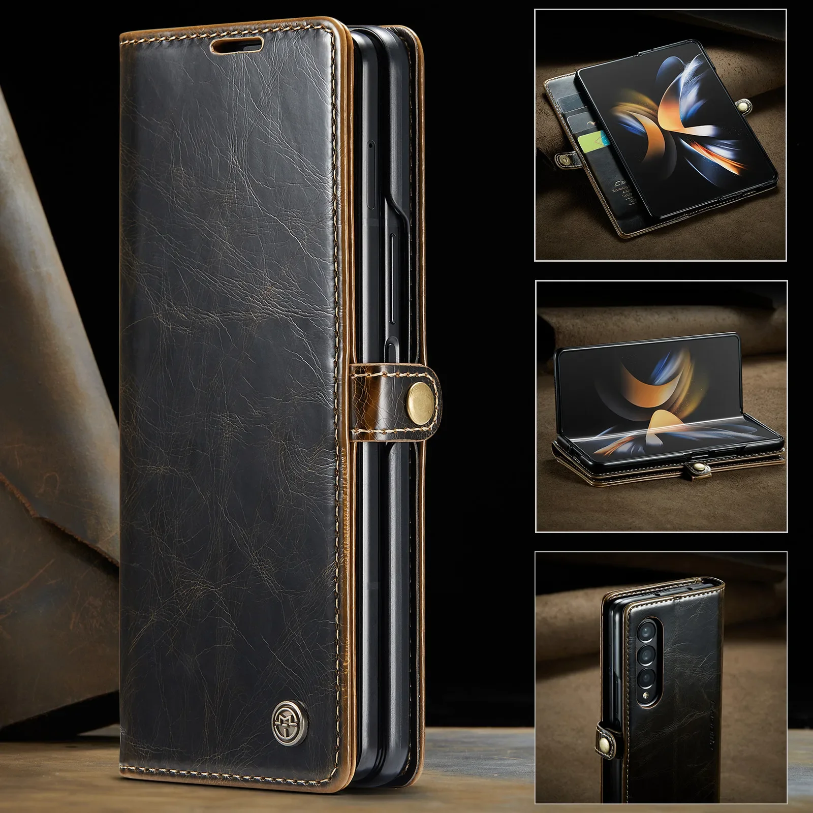 Wallet Case for Samsung Galaxy Z Fold 6 5 4 3 Fold6 Fold5 Fold4 Fold3 Cover with Card Holder Retro Luxury Flip Premium Leather