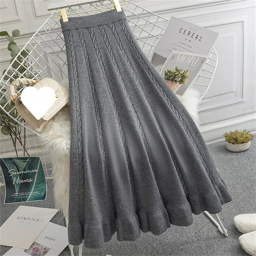 2024 New Korean Fashion Female Ladies Knitted Long Maxi Skirt Women Fall Winter Casual Thick Warm A Line Elegant High Waist