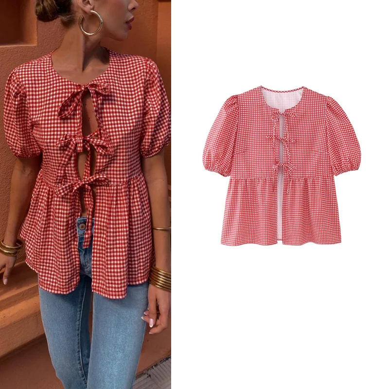 

Весенний новый женский модный круглый топ в клетку Ne Bubble Sve Knot Tie Sweet Sle Loose Fit ort Sve irt