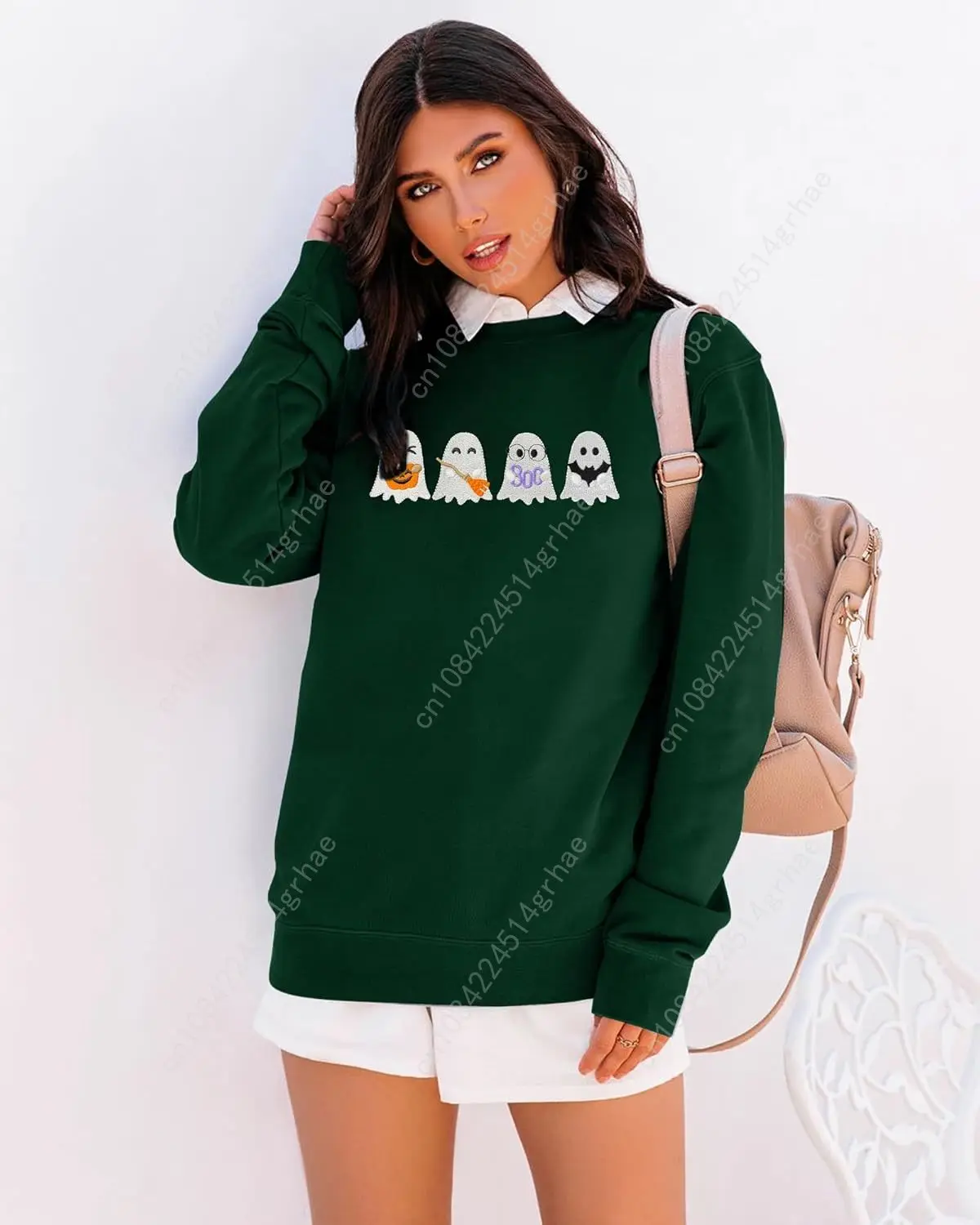Halloween Sweatshirts for Women Halloween Ghost Long Sleeve Shirt Crew Neck Embroidered Spooky Season Pullover Tops