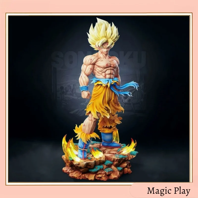 

Battle Damaged SSJ Goku Anime Scarred Body Ripped Pants Design Rock Flame Effect Base Desk Ornament Dragon Ball Fan Present
