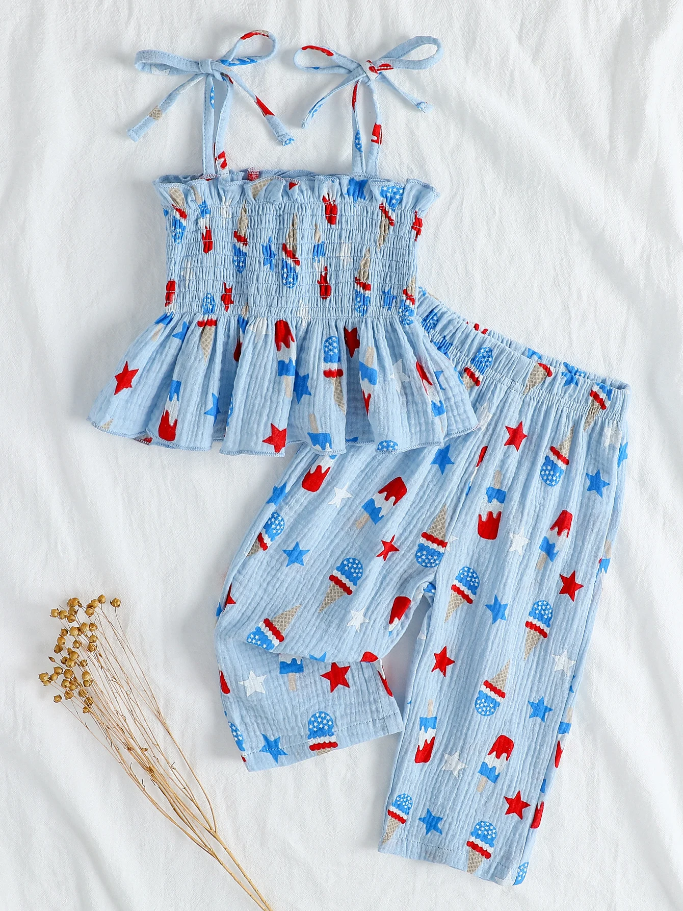 2025 Summer European and American Style Ice Cream Print Girls’ Set: Children’s Bow Strap Tank Top and Pants