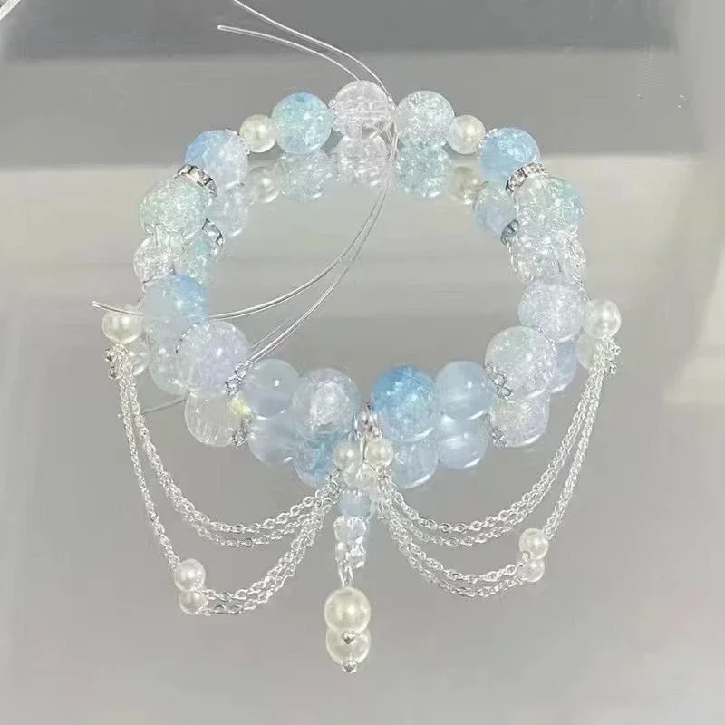 Korean Pink Crystal Flowers Butterfly Pendant Beaded Bracelet For Women Sweet Beads Chain Bracelets Girlfriend Jewelry Gifts