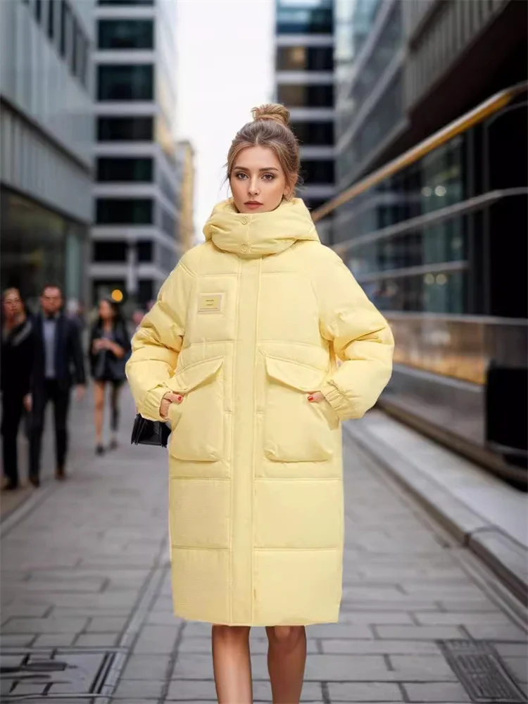 2024 Winter New Women\'s Puffer Jacket Solid Color Hooded The Korean Version Is Loose Long White Duck Down Is Thickened Warm Coat