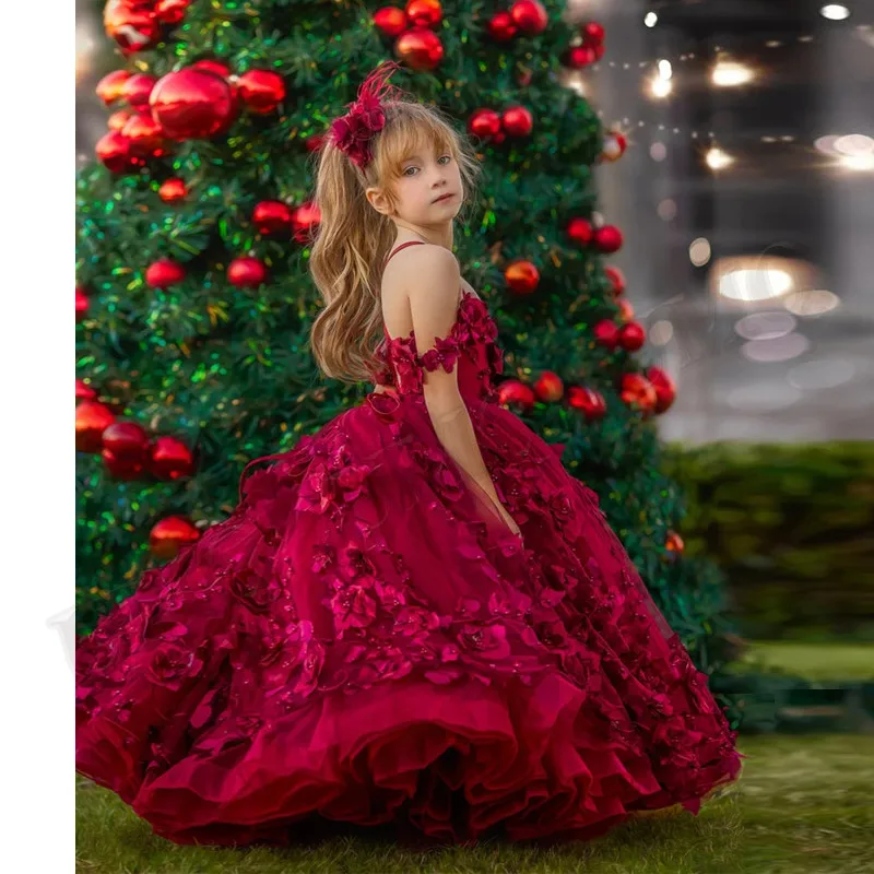 Pincess Burgundy 3D Flowers Beading Girls Dresses Ball Gown Kids Outfit Wedding Party Dresses Costumes Pageant Gown