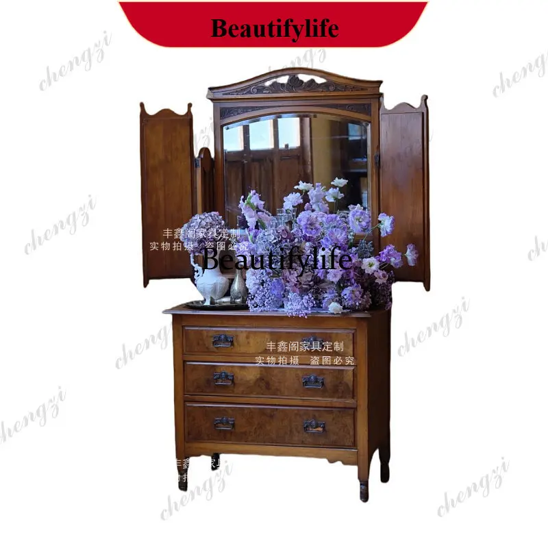 d178 Medieval solid wood carving flower dining side cabinet retro old locker storage studio B & B mirror display locker