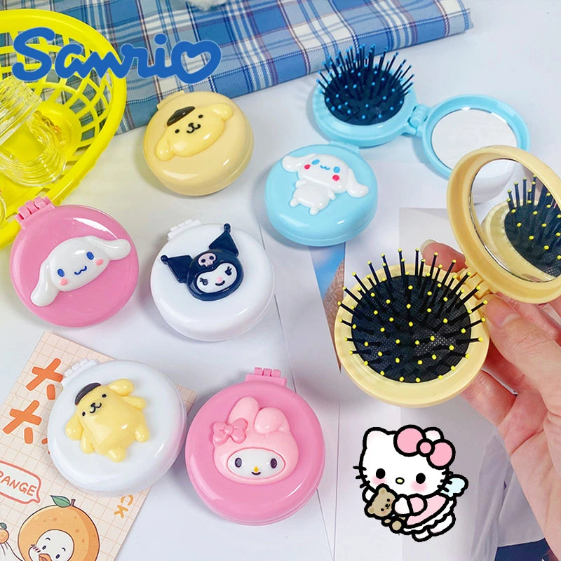 Kawaii KT Cat Makeup Mirror Y2K Anime Kuromi Melody Cinnamoroll Cute Folding Airbag Comb Kid Mini Portable Carry-On Small Mirror