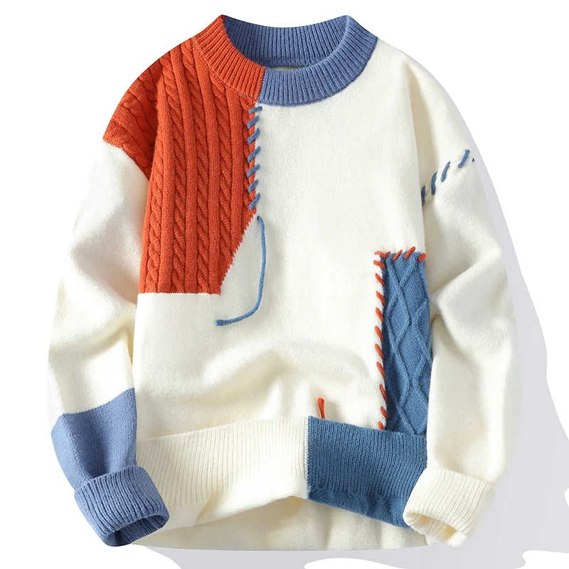 

New Patchwork Pullover Sweater Men Trend High Street Knitted Sweaters Autumn Winter Warm Men's Tops Hip-hop Streetwear Clothing