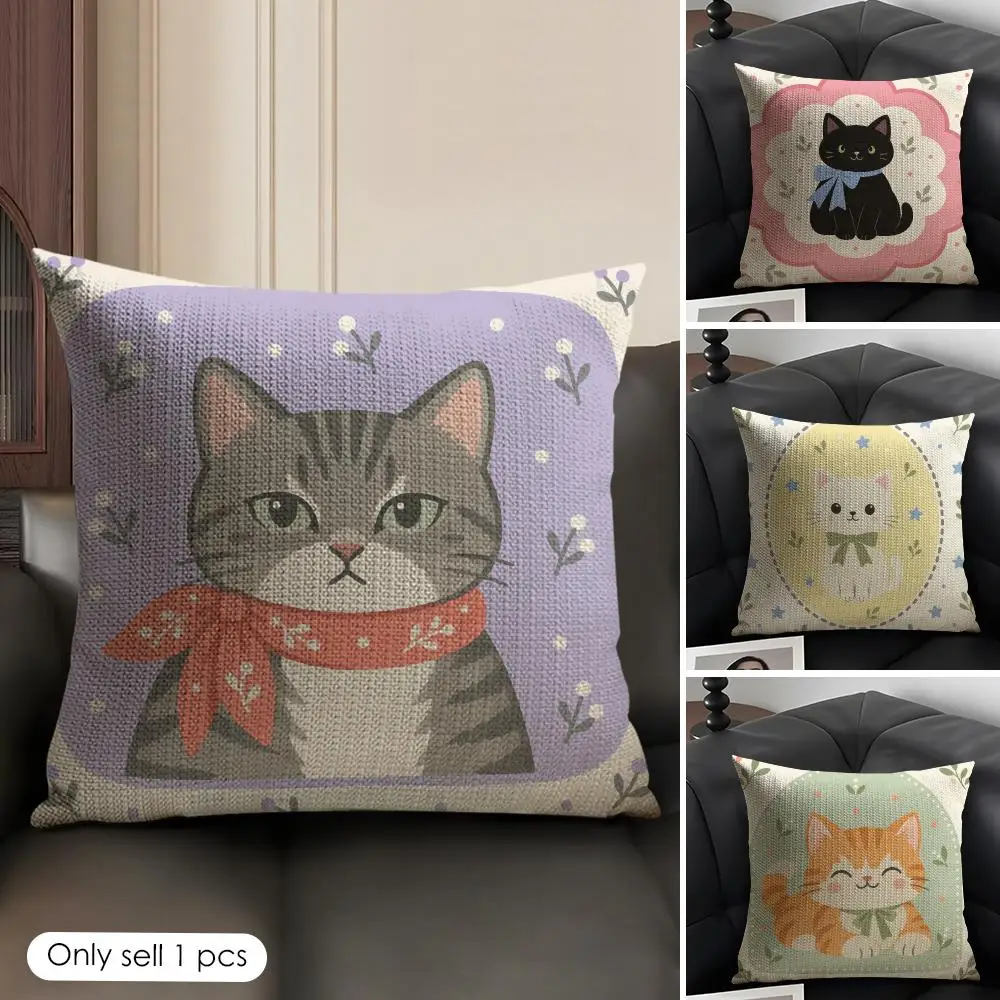 Cute Caroon Cat Photo Frame Art Cushion Cover Skin-Friendly Organic Linen Pillow Cover Durable Hypoallergenic Washable Soft