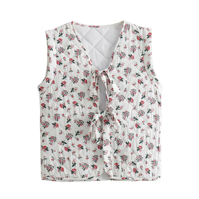 YENKYE New 2024 Women Lace Up Quilted Floral Print Vest Sexy Sleeveless V Neck Female Casual Waistcoat Spring Summer Tops