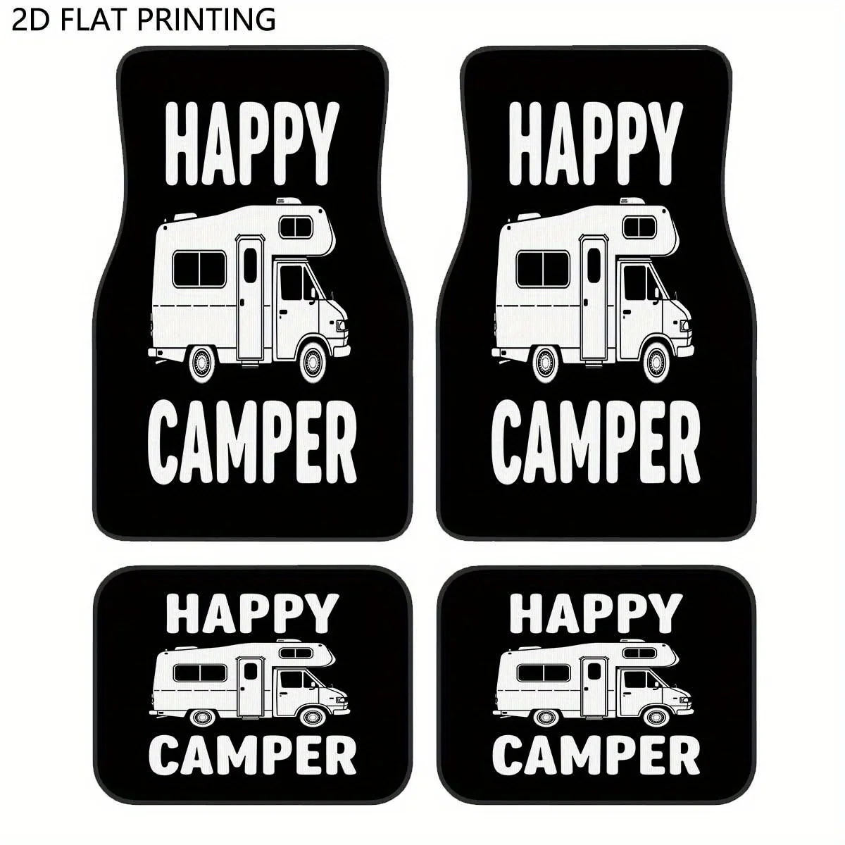 4pcs Happy Camper RV Floor Mats - All-Weather Floor Protection With Fun Camping Design, Non-Slip Backing, Fits Front & Rear Seat