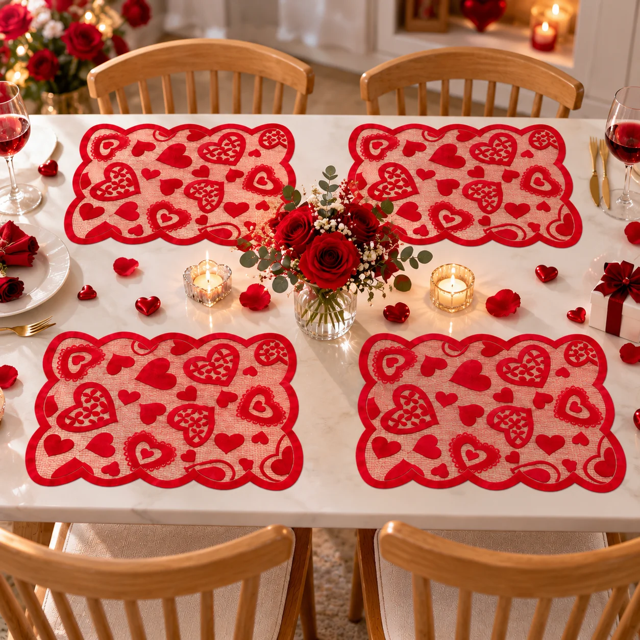 4pcs Romantic Red Lace Placemat with Heart Pattern, Hollow Scalloped Table Mat for Valentine Wedding Dining Decor