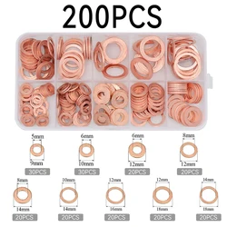 100/200pcs Copper Washer Gasket Nut And Bolt Set Flat Ring Seal Assortment Kit Tool With Box M5/M6/M8/M10/M12/M14 For Sump Plugs