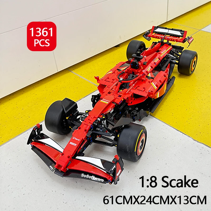 

1361-компонентный набор строительных блоков Red Racing Car SF-24, масштаб 1:8, модель автомобиля MOC Technical Formula-F1, сборная игрушка в подарок мальчикам