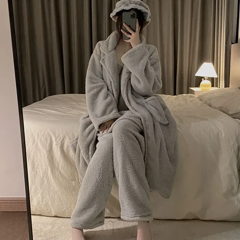 Coral Fleece Pajama Sets Women Thicken Plush Sleepwear Warm Sweet Simple Home Winter Plus Velvet Loungewear All-match Fashion